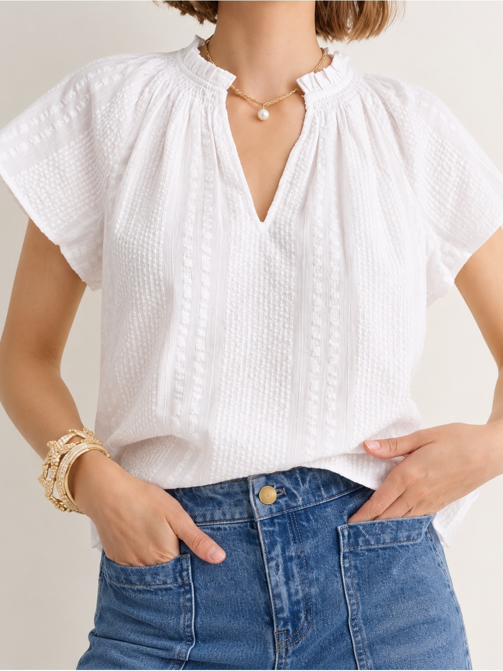 J.Crew Flutter-Sleeve V-Neck Top in Cotton Dobby – Size S